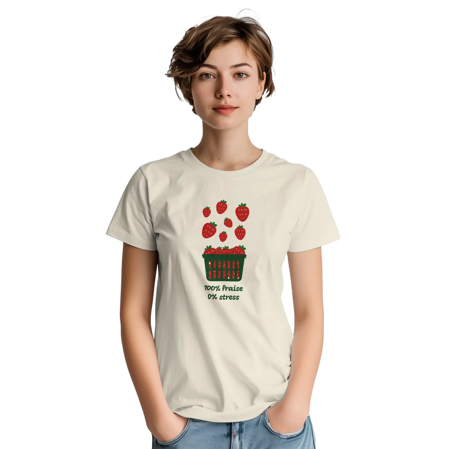 100% fraise 0% stress – T-shirt Femme, Cadeau Femme-idée cadeau inspirante | Blancadeaux